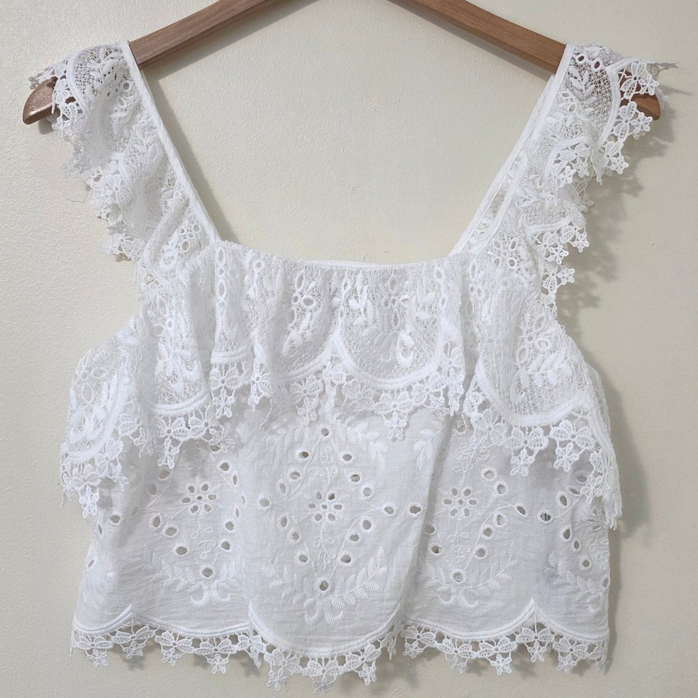 Zara Lace Eyelet Ruffle Top Sz M Embroidered Crop Boho Cottage Country Cami Tank - Picture 2 of 10